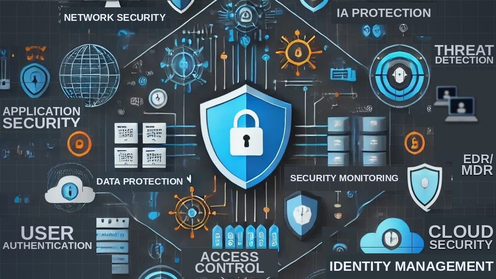 Dominios de una arquitectura de ciberseguridad: red, datos, aplicaciones, nube, autenticacion y control de acceso